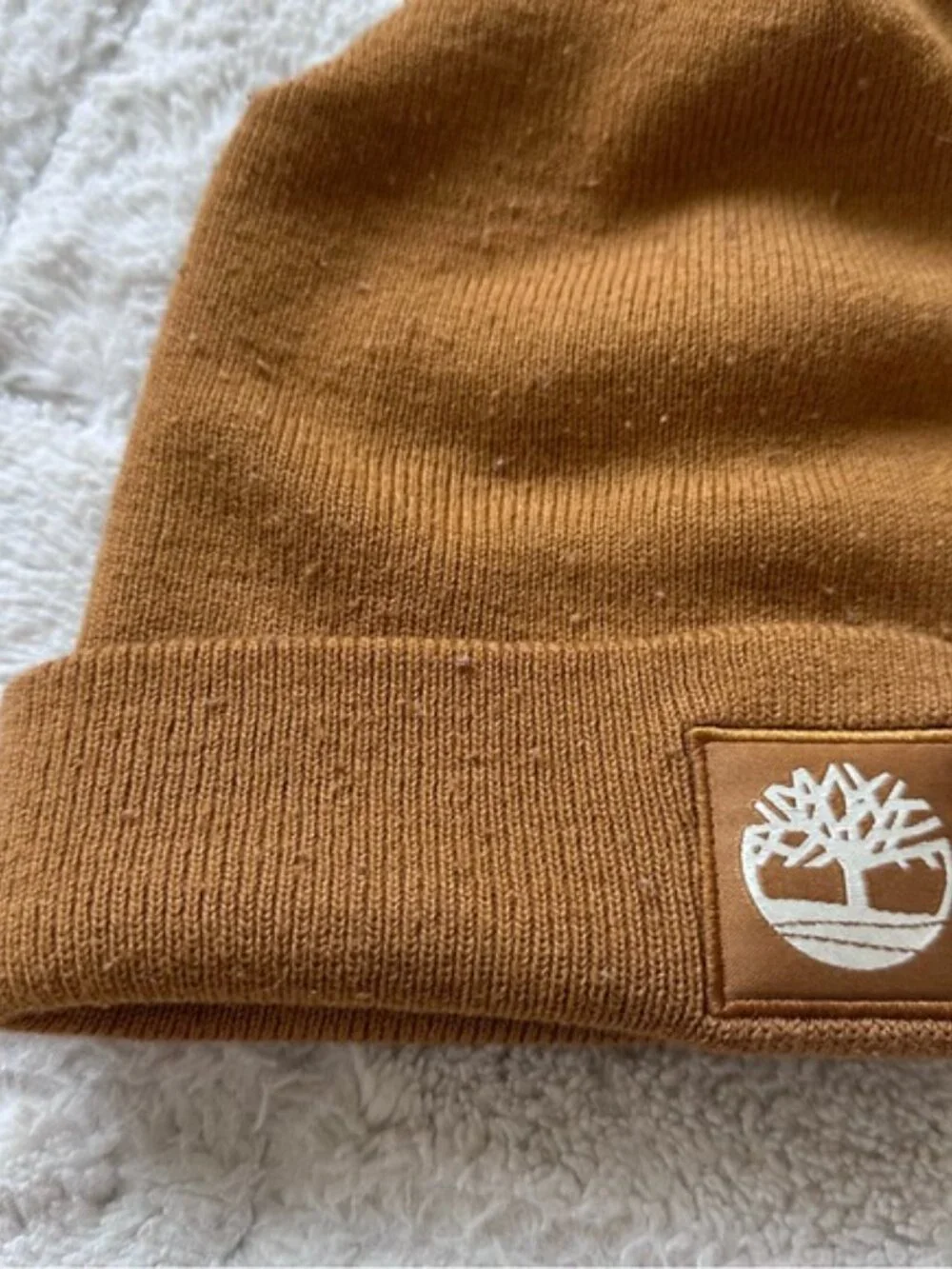 Timberland | Wheat Cuffed Ribbed Knit Beanie with Tonal Logo Patch | One Size